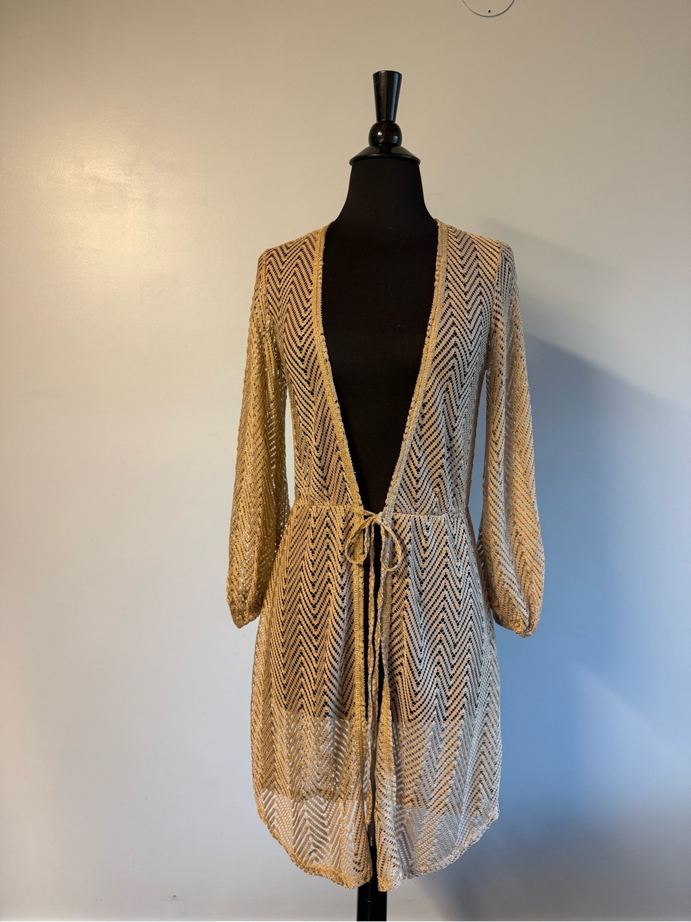 Jordan Taylor Tan and Black Chevron Sheer Knit Swim Coverup with Tie Waist